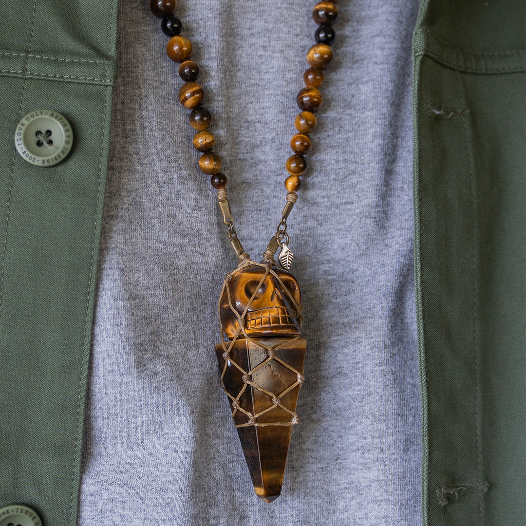 Tigers Eye Skull On Obelisk Net Necklace Tan