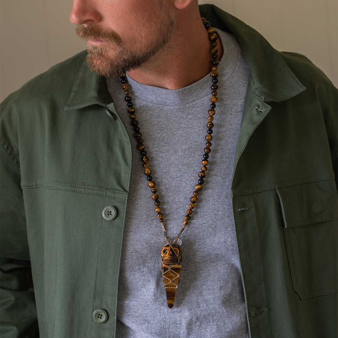 Tigers Eye Skull On Obelisk Net Necklace Tan