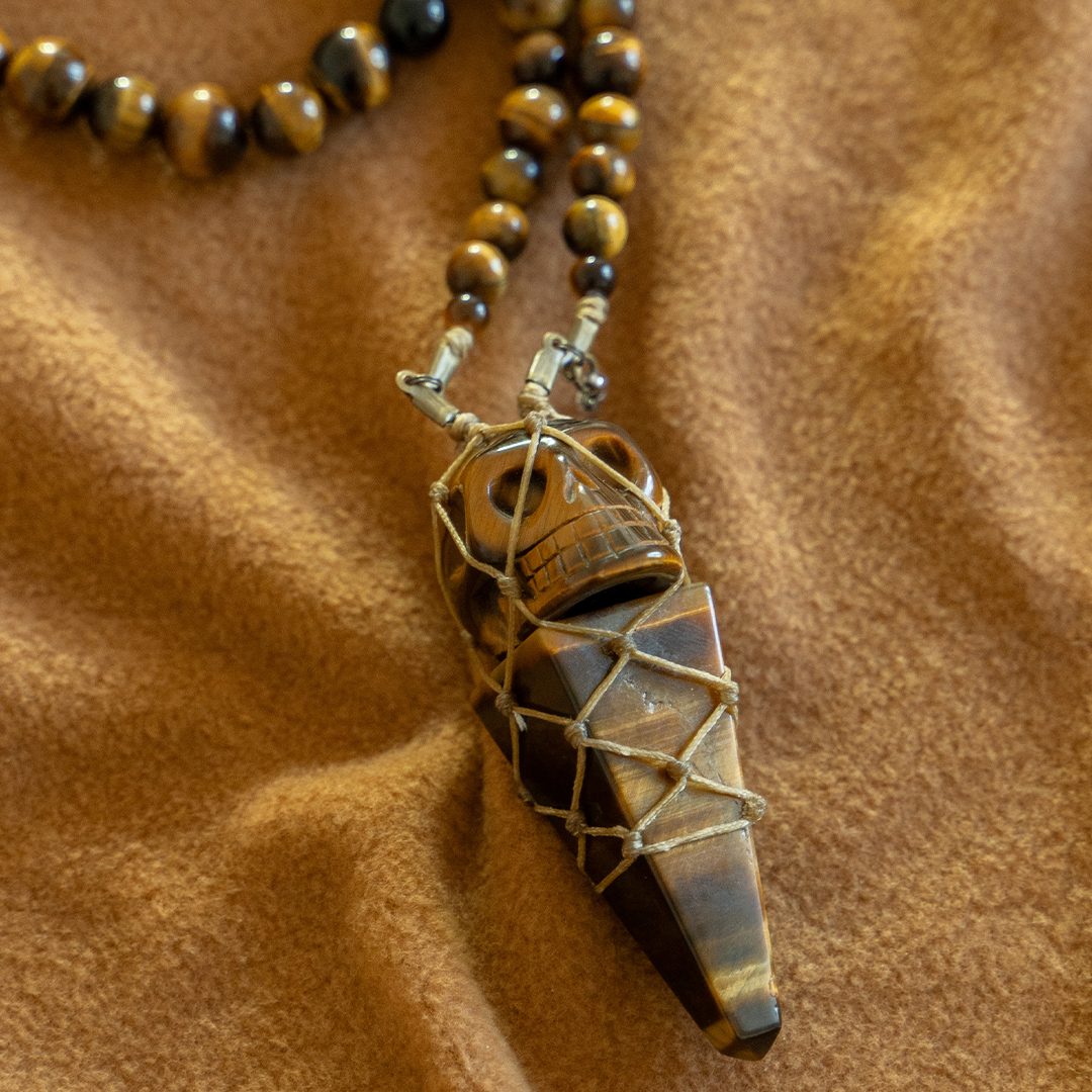Tigers Eye Skull On Obelisk Net Necklace Tan