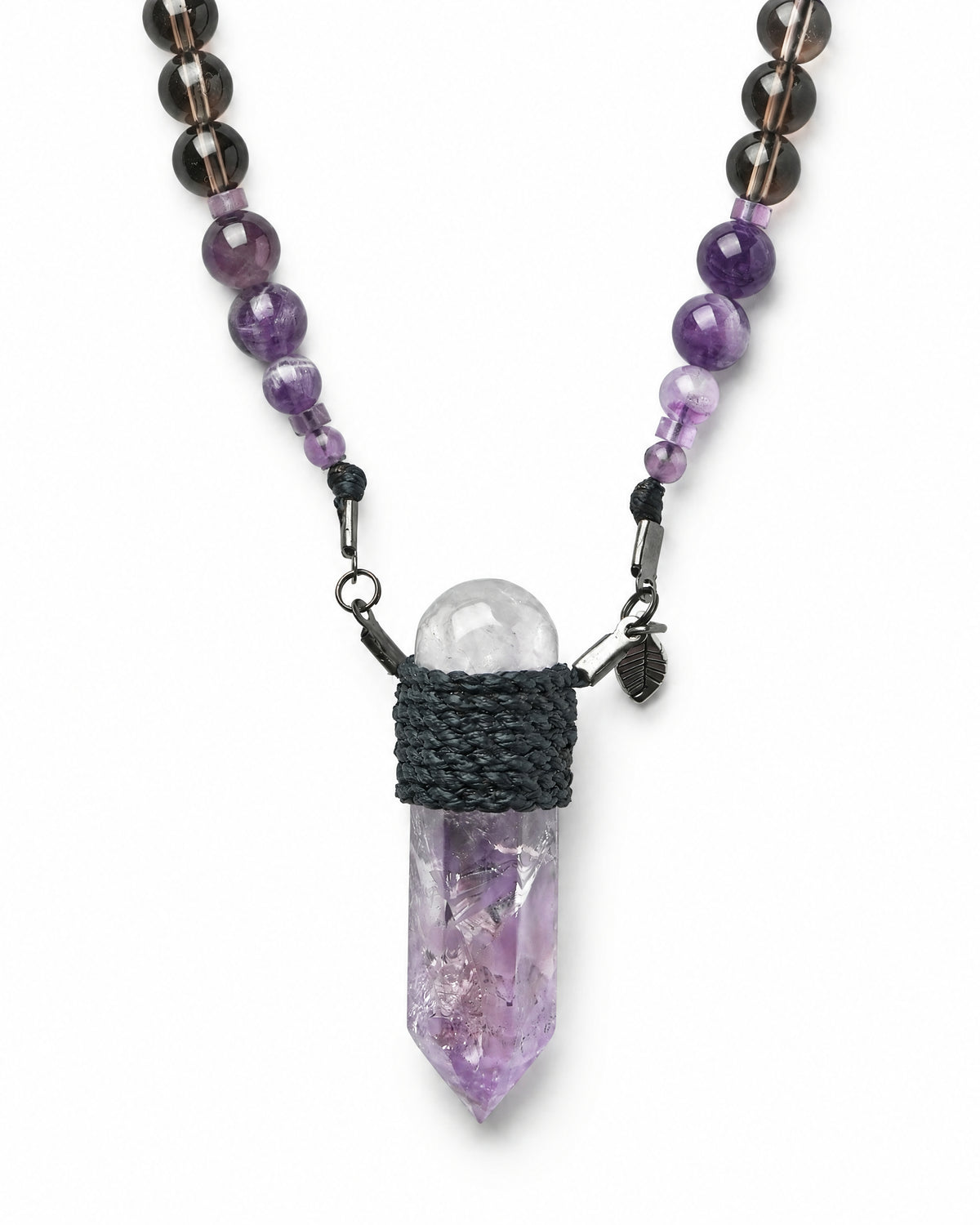 Amethyst Wrap Necklace No. 002 by Clink: polished amethyst point wrapped in black cord, close up