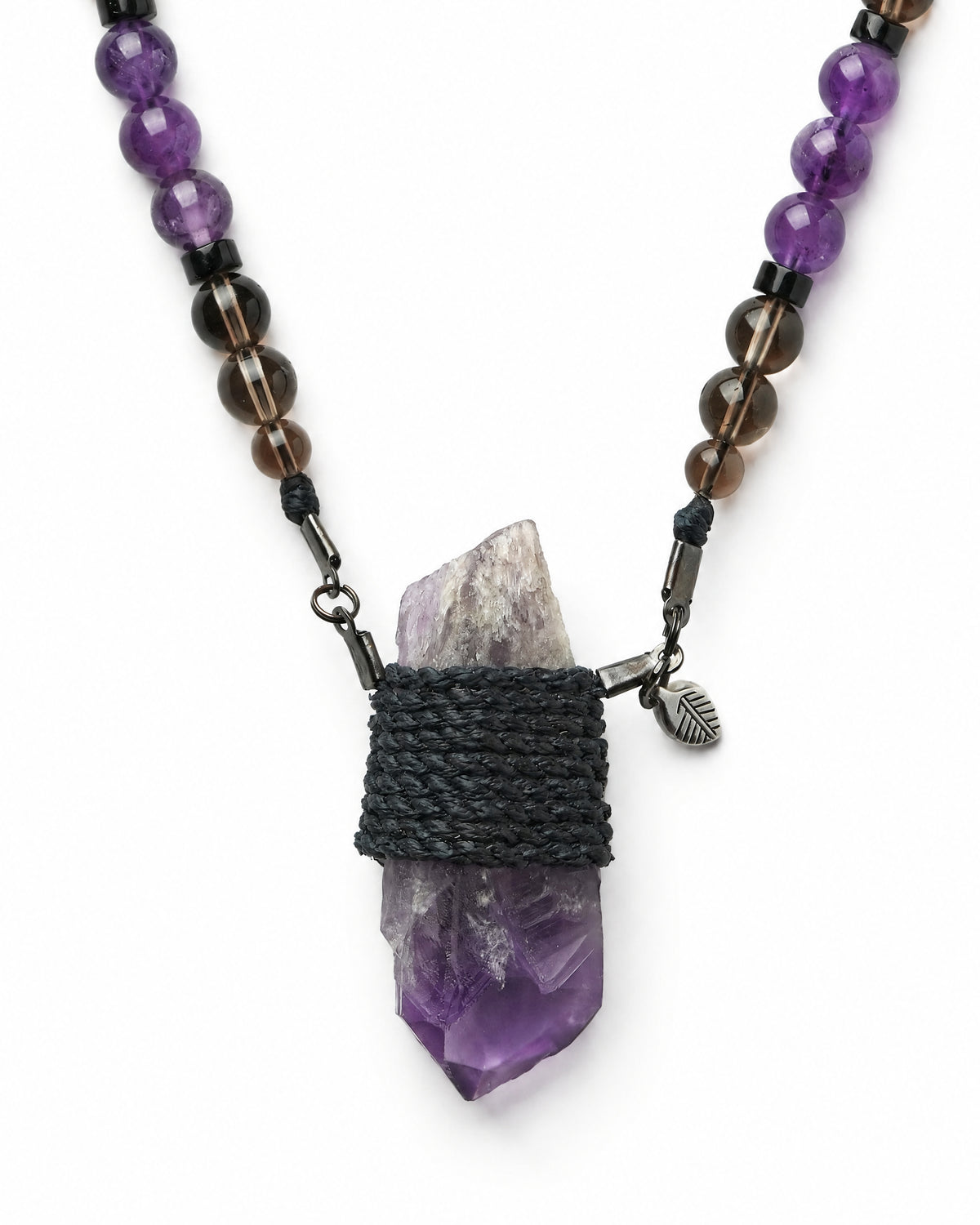 Cathedral Amethyst Wrap Necklace No. 003 by Clink: raw cathedral amethyst point wrapped in black cord, close up