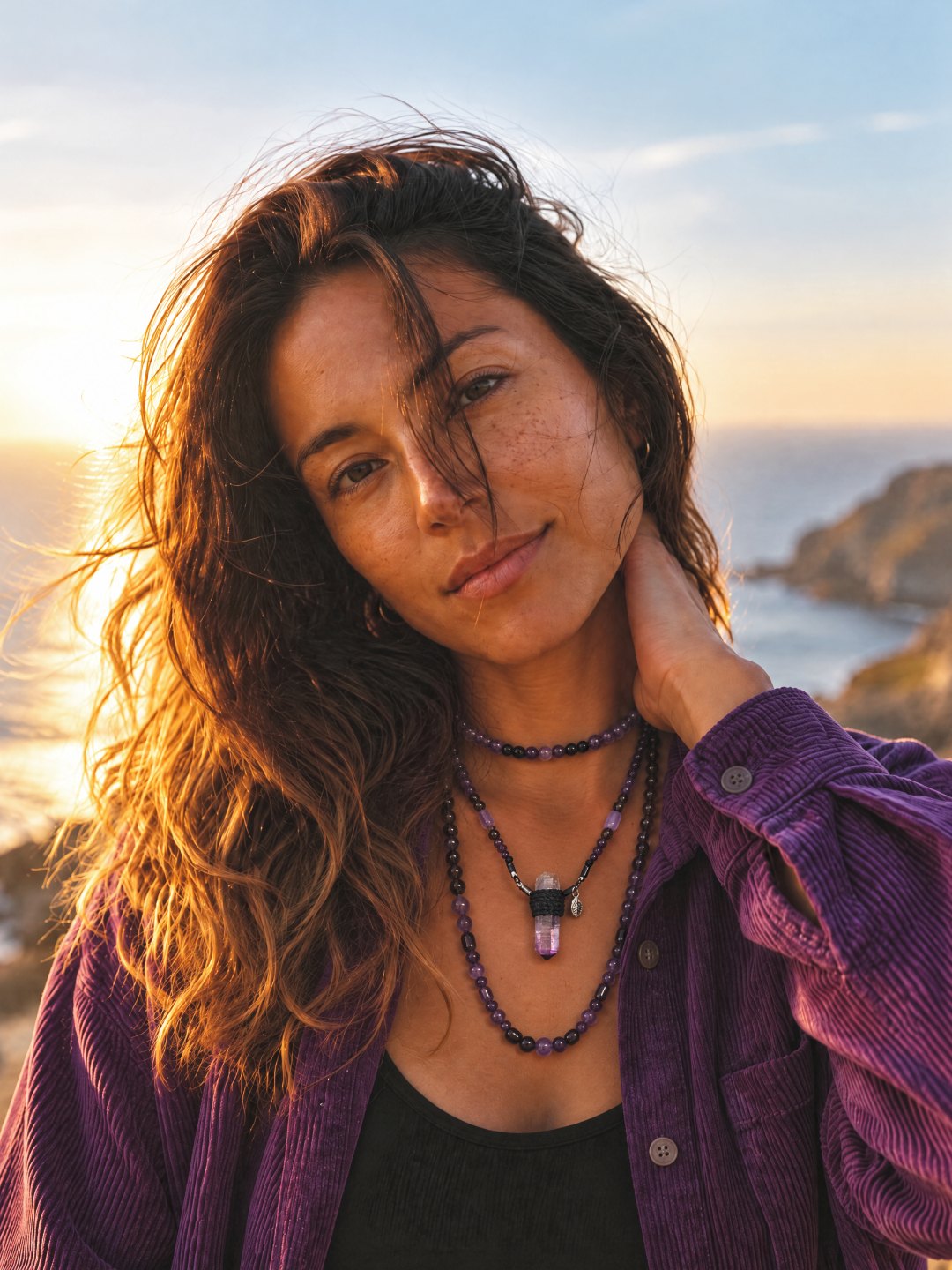 A woman on the coast at sunset in a purple corduroy shirt, wearing Clink amethyst necklaces