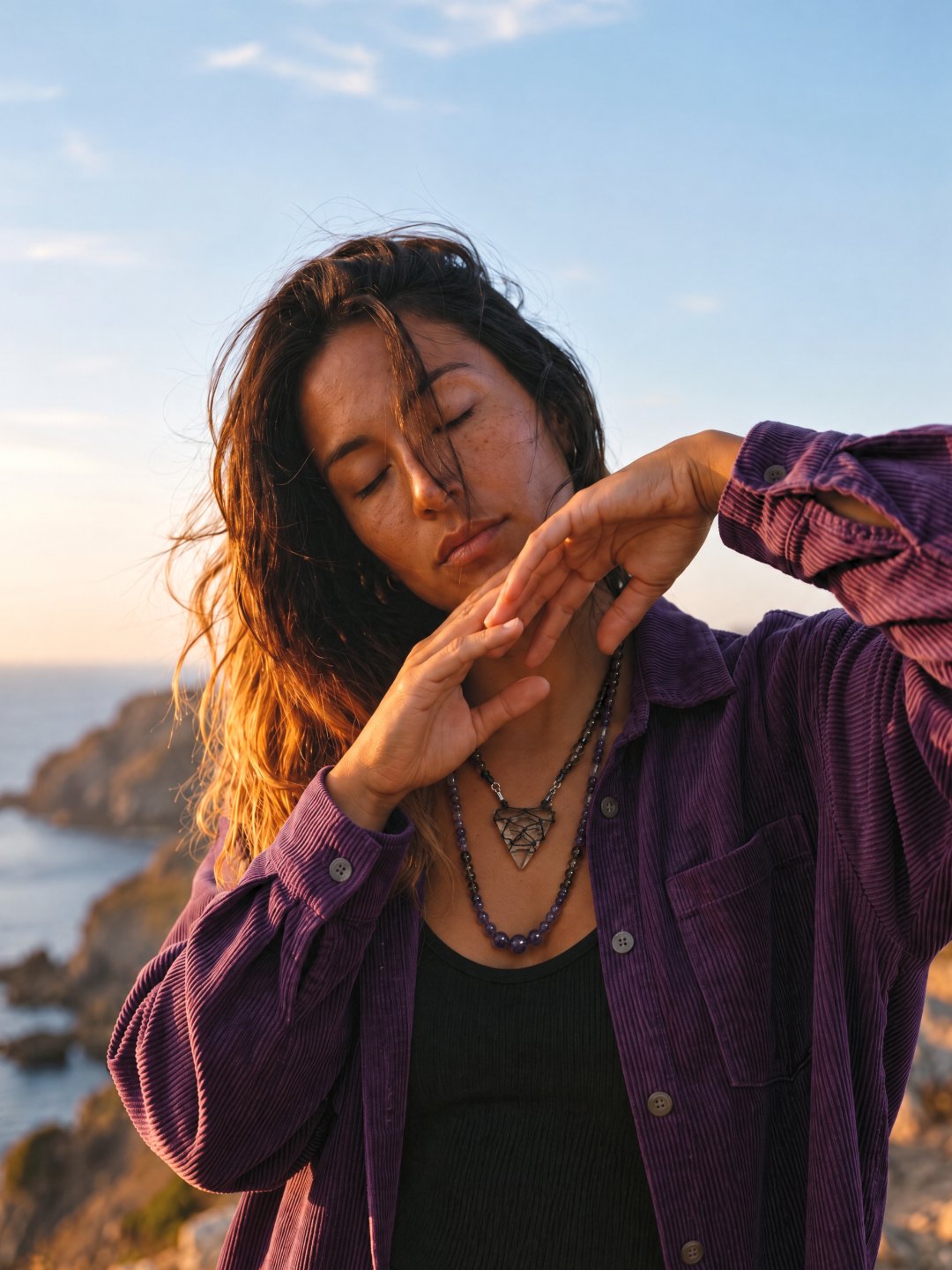A woman on the coast, hands raised to her face, wearing a Clink pendant