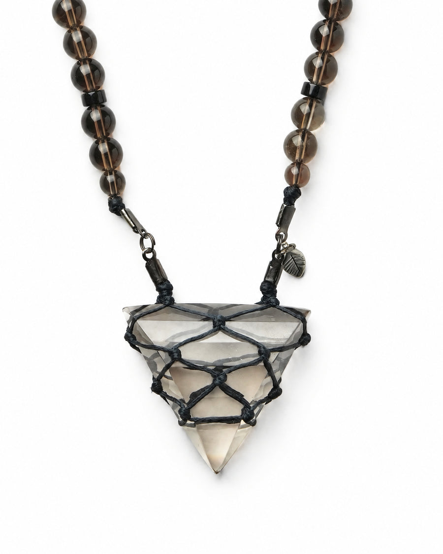 Smokey Quartz Net Necklace No. 008 by Clink: polished smokey quartz trillion in a black cord net, close up