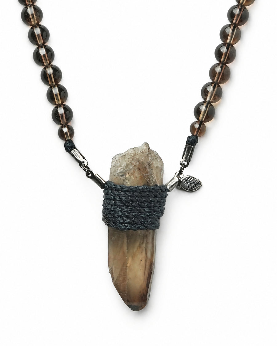 Smokey Quartz Wrap Necklace No. 007 by Clink: raw smokey quartz point wrapped in black cord, close up